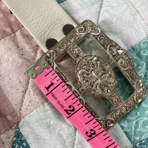 Vtg Brave Beltworks Leather Belt Womens Buckle Made in Italy White Silver 80s - Picture 9 of 10